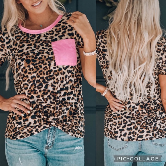 NEON Pink Leopard T-shirt with Pocket - Picture 1 of 1